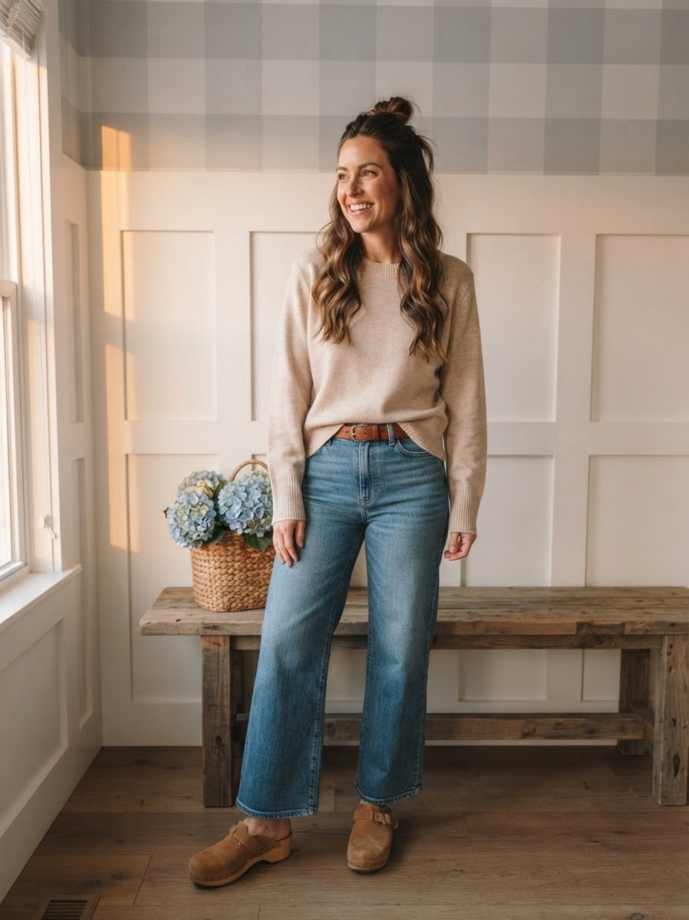 Cozy Crewneck Sweater in Light Taupe Large